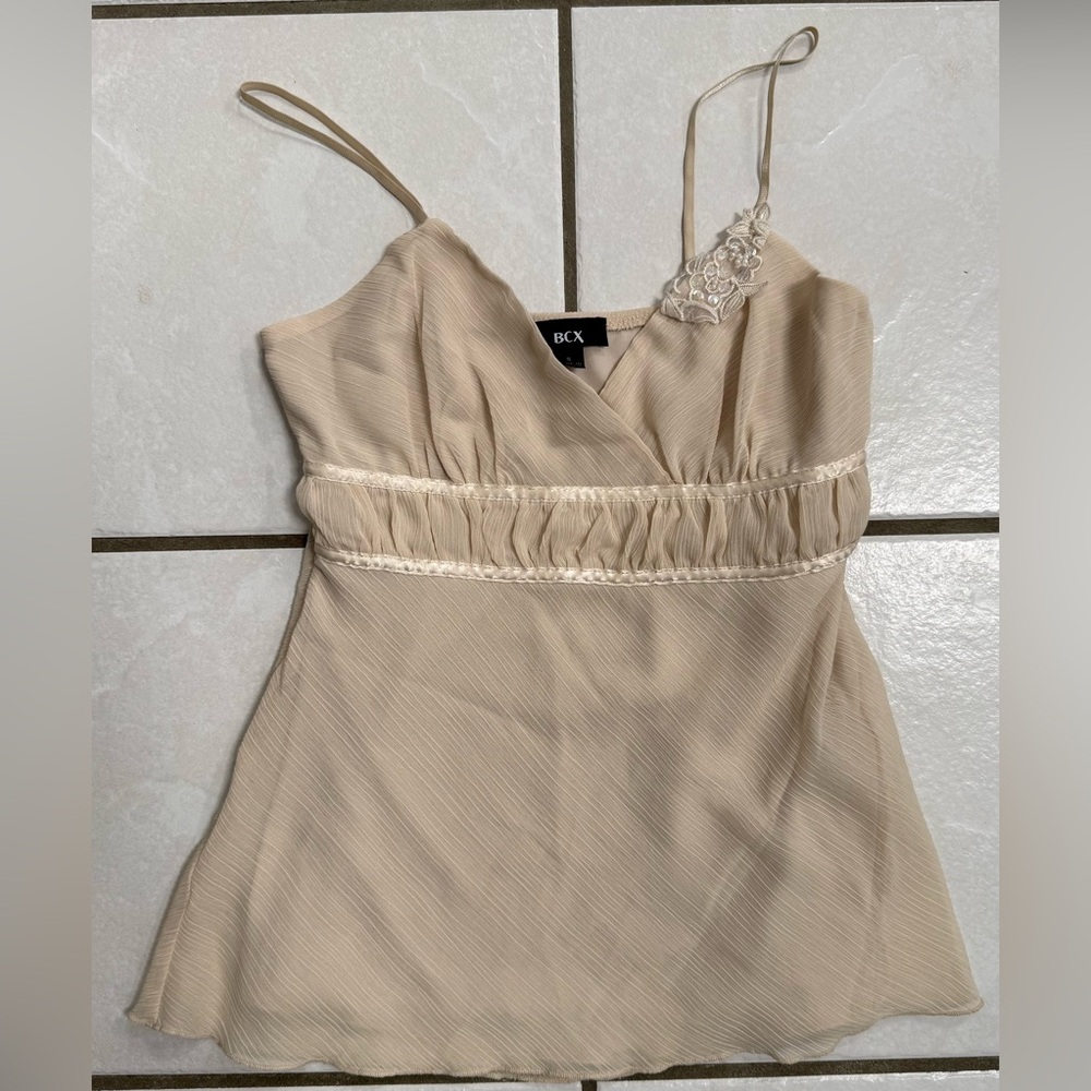 BCX Cream Spaghetti Strap Slip Top with Lace Detail